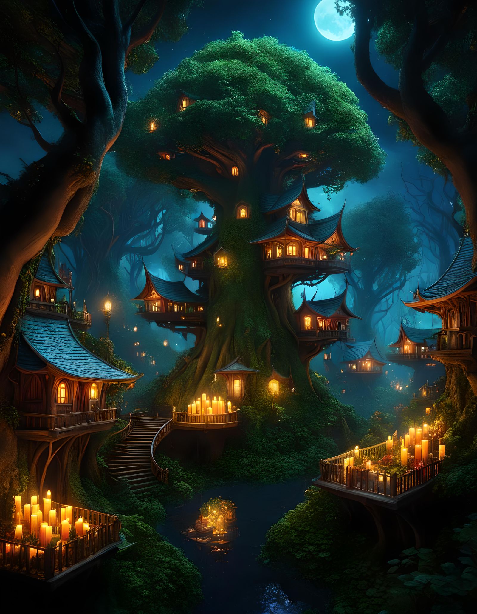 Goblincore Tree City at Night: A 3D Fantasy
