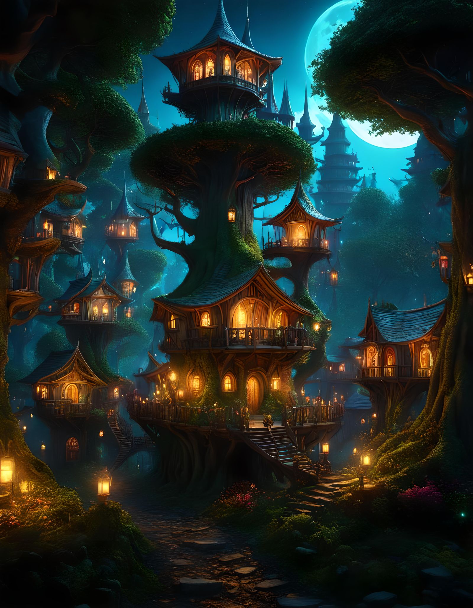 Enchanted Goblincore Tree City at Night