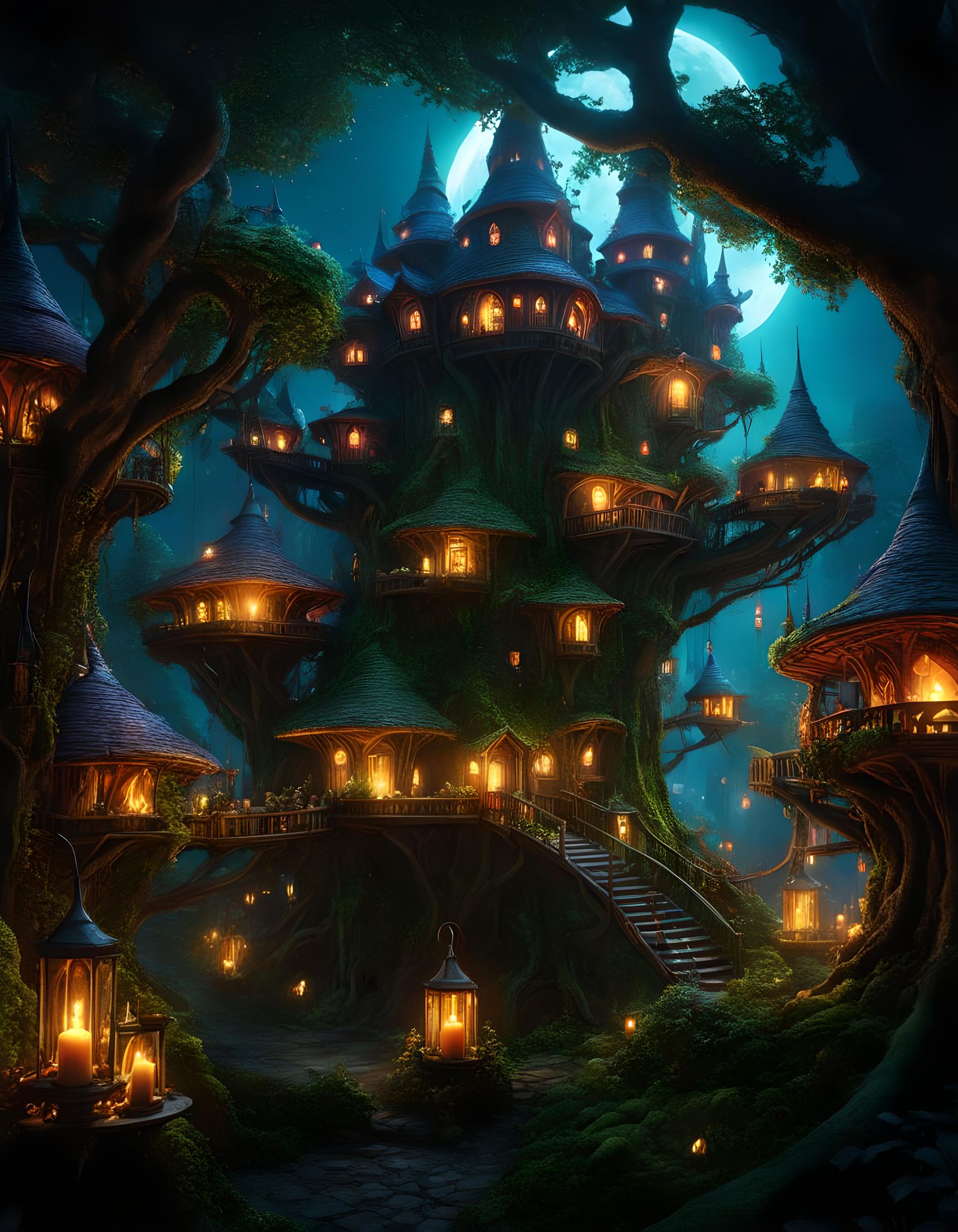 Goblincore Tree City at Night