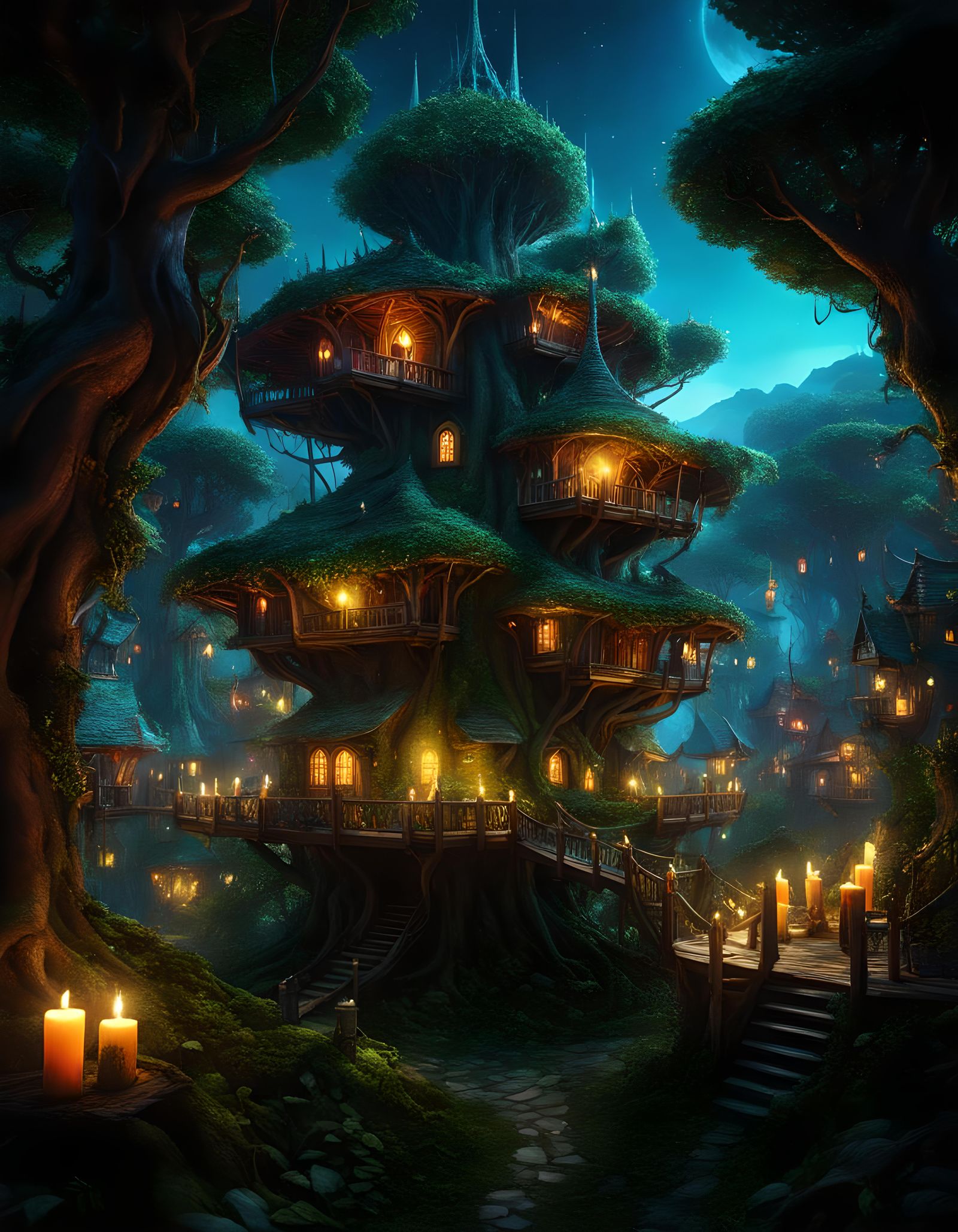 Goblincore Tree City at Night in Dark Fantasy Style