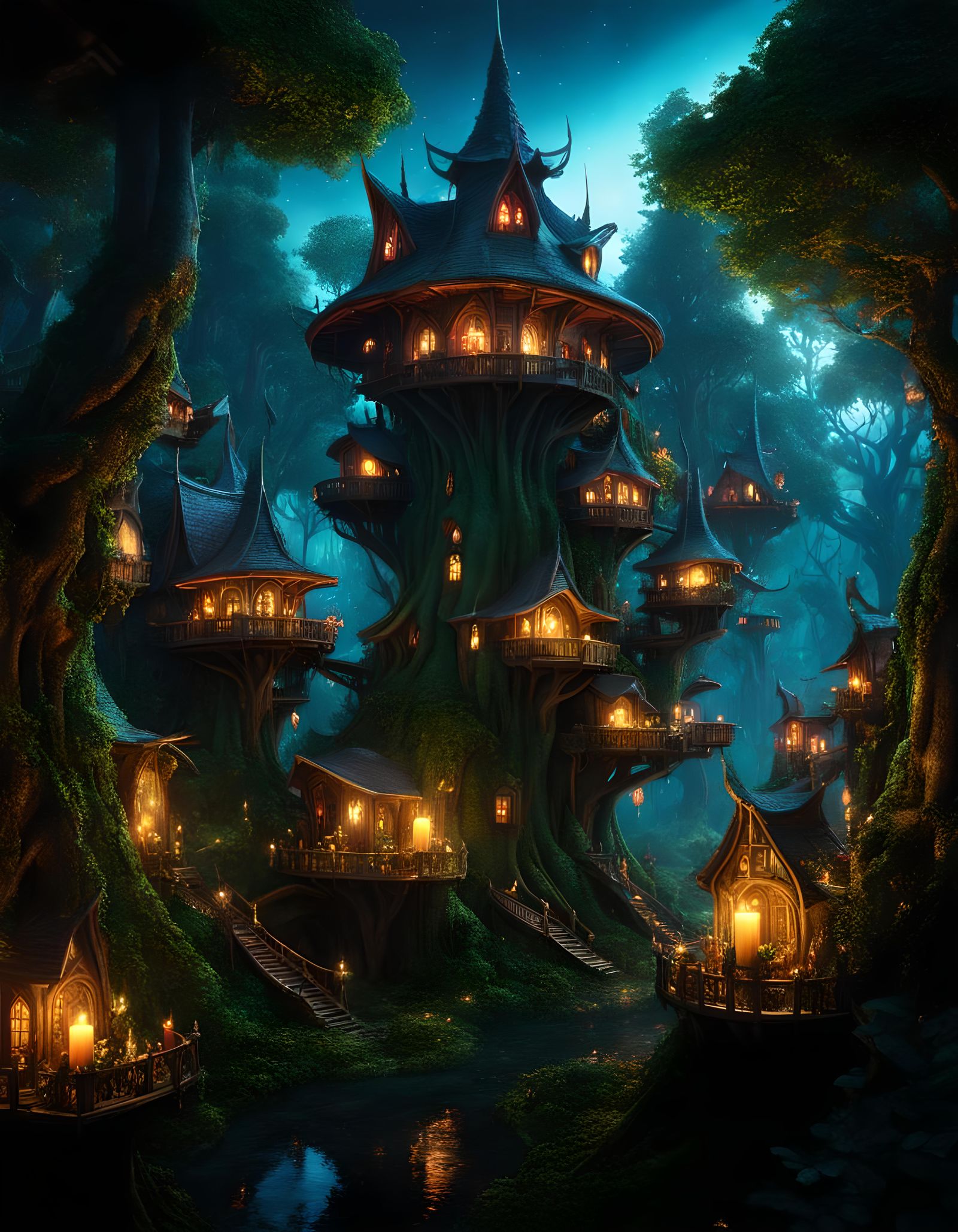 Goblincore Tree City at Night