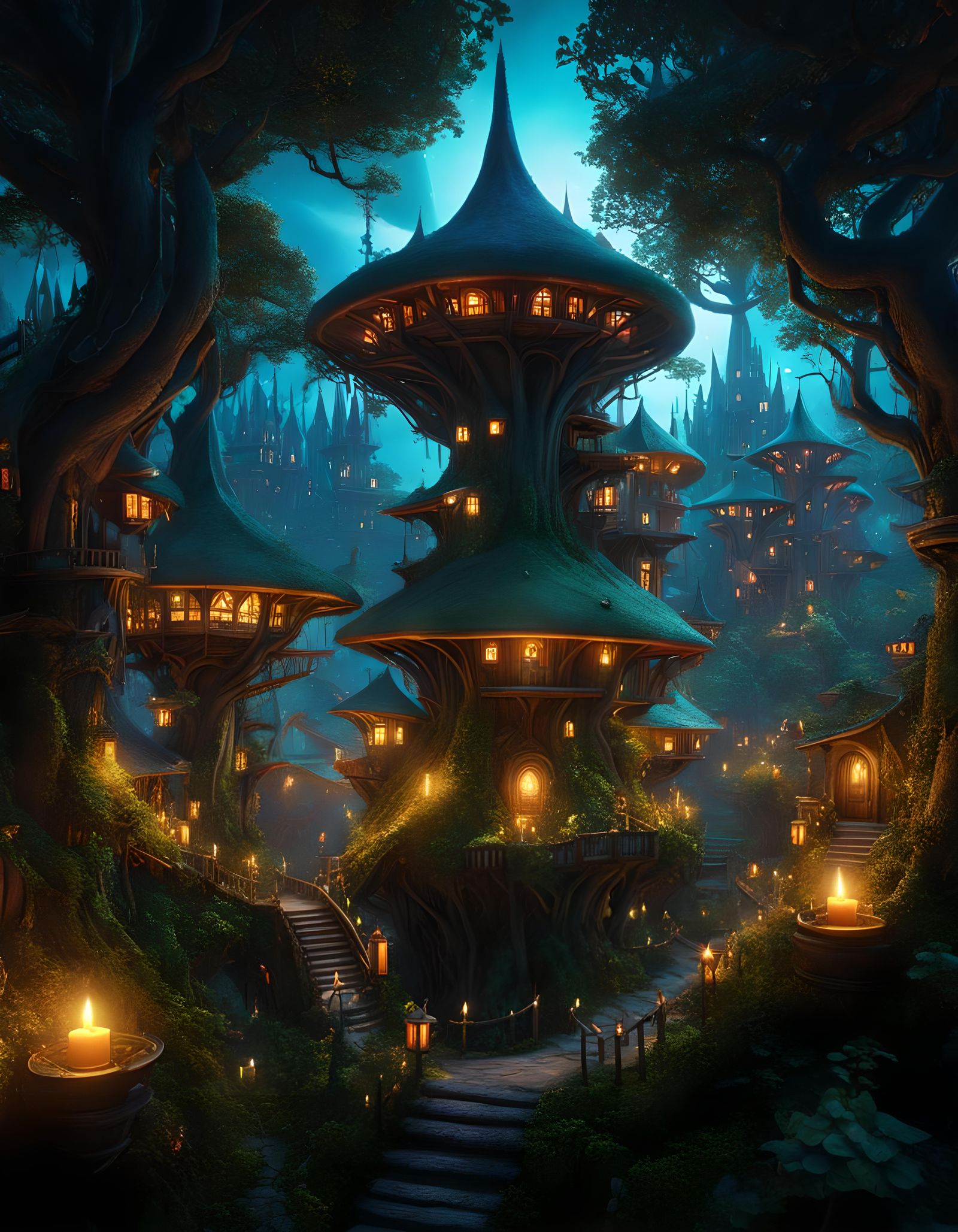 Goblincore Tree City at Night in Dark Fantasy Style