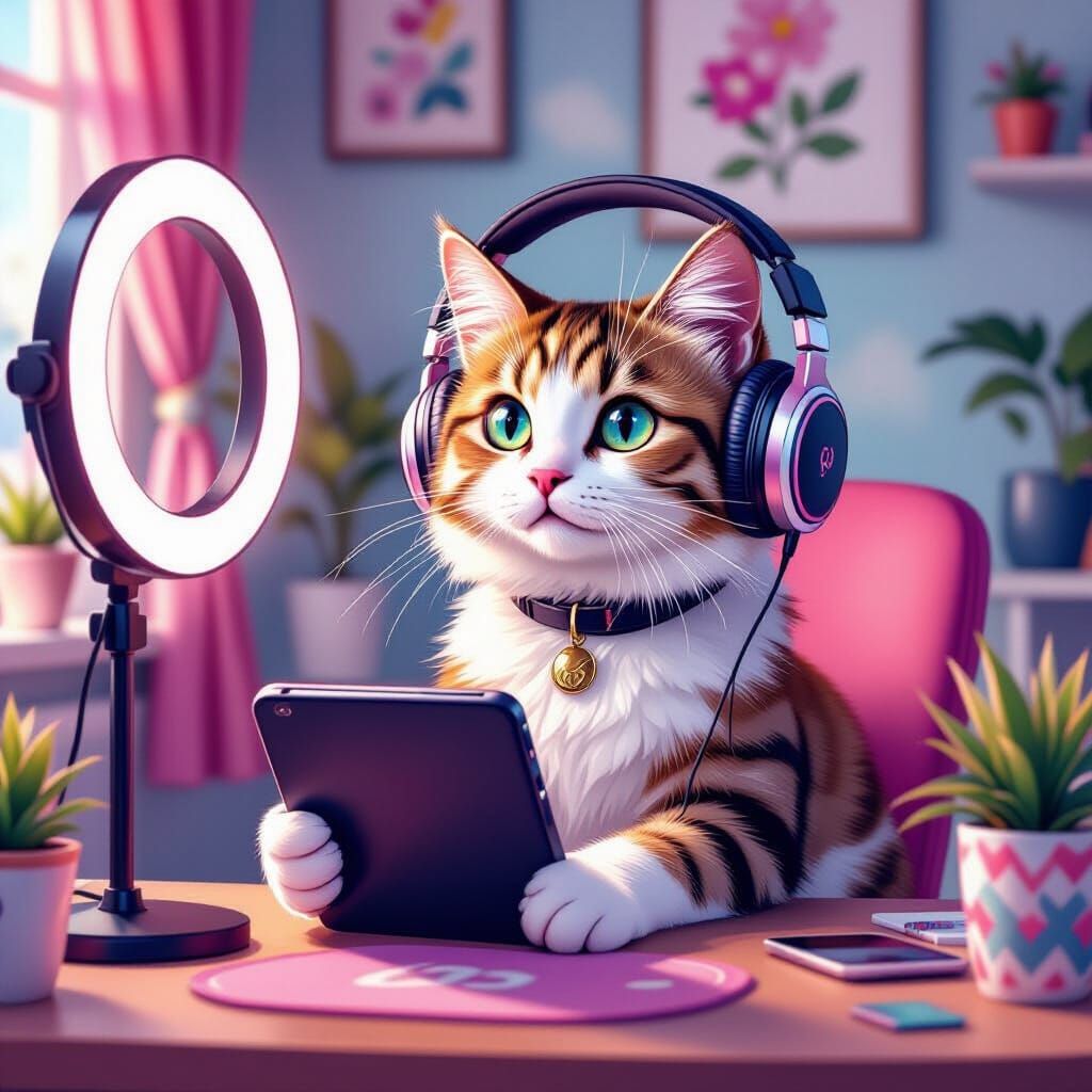 Gen Z Cat Vlogger in Art Nouveau Style