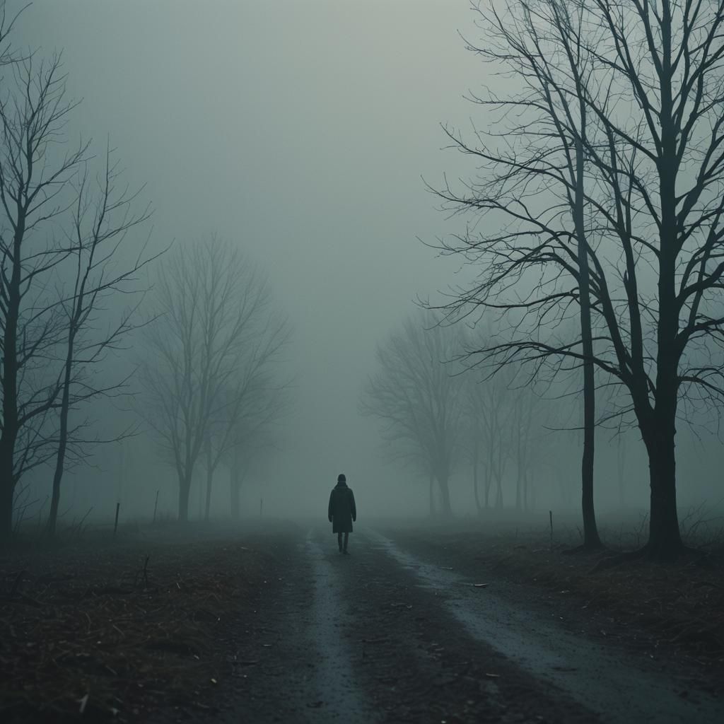 Mysterious Figure in Misty Landscape: Cinematic Film Still