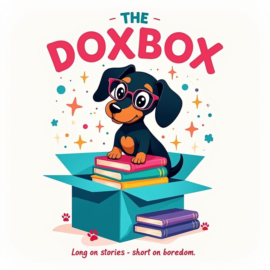 Adorable Dachshund Reads in Vibrant Book Box Logo