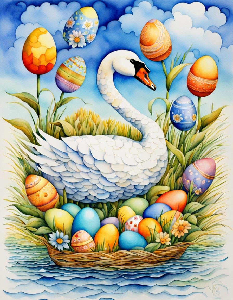 Cubist Easter Scene in Vibrant Watercolor