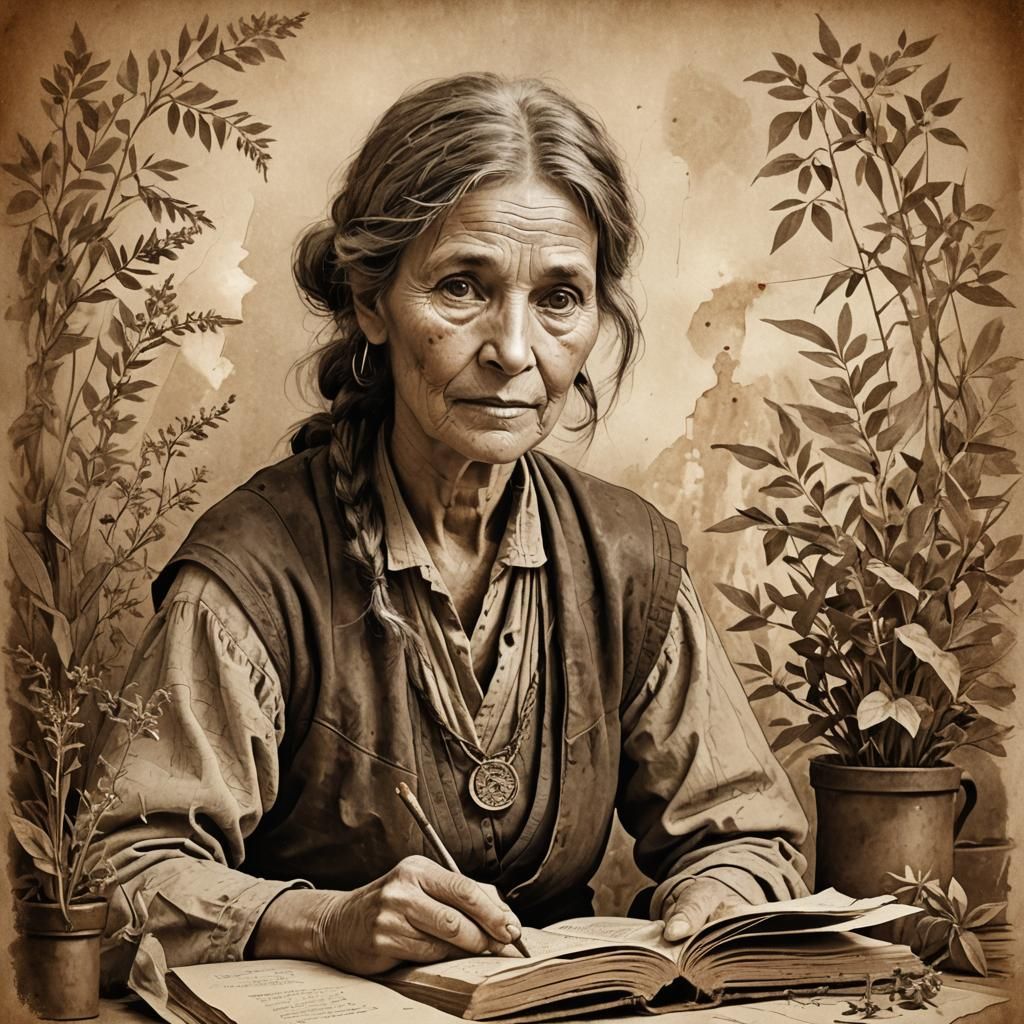 Sepia Sketch: Portrait of a Wise Village Healer