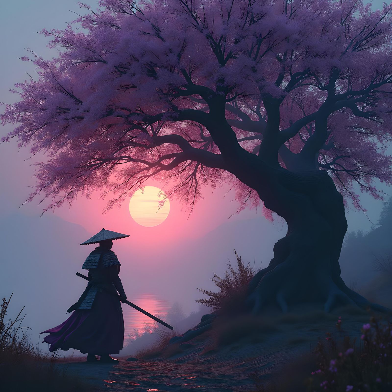 Samurai Under Weeping Willow: Dark Fantasy Art