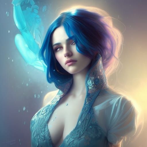 Blue-Haired Girl with Crystal Eyes, Digital Portrait