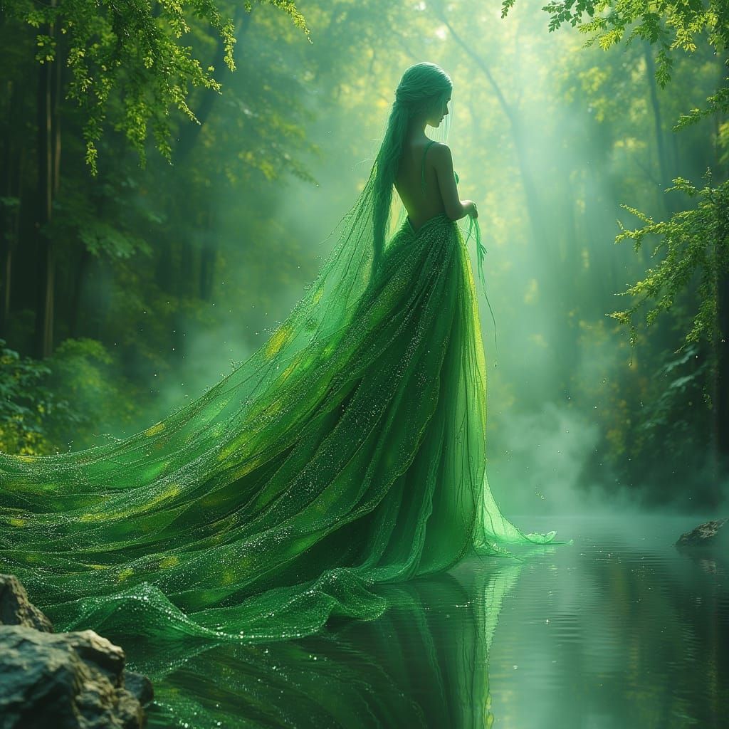 Green Forest Lady in Dreamy Oil Paint Style
