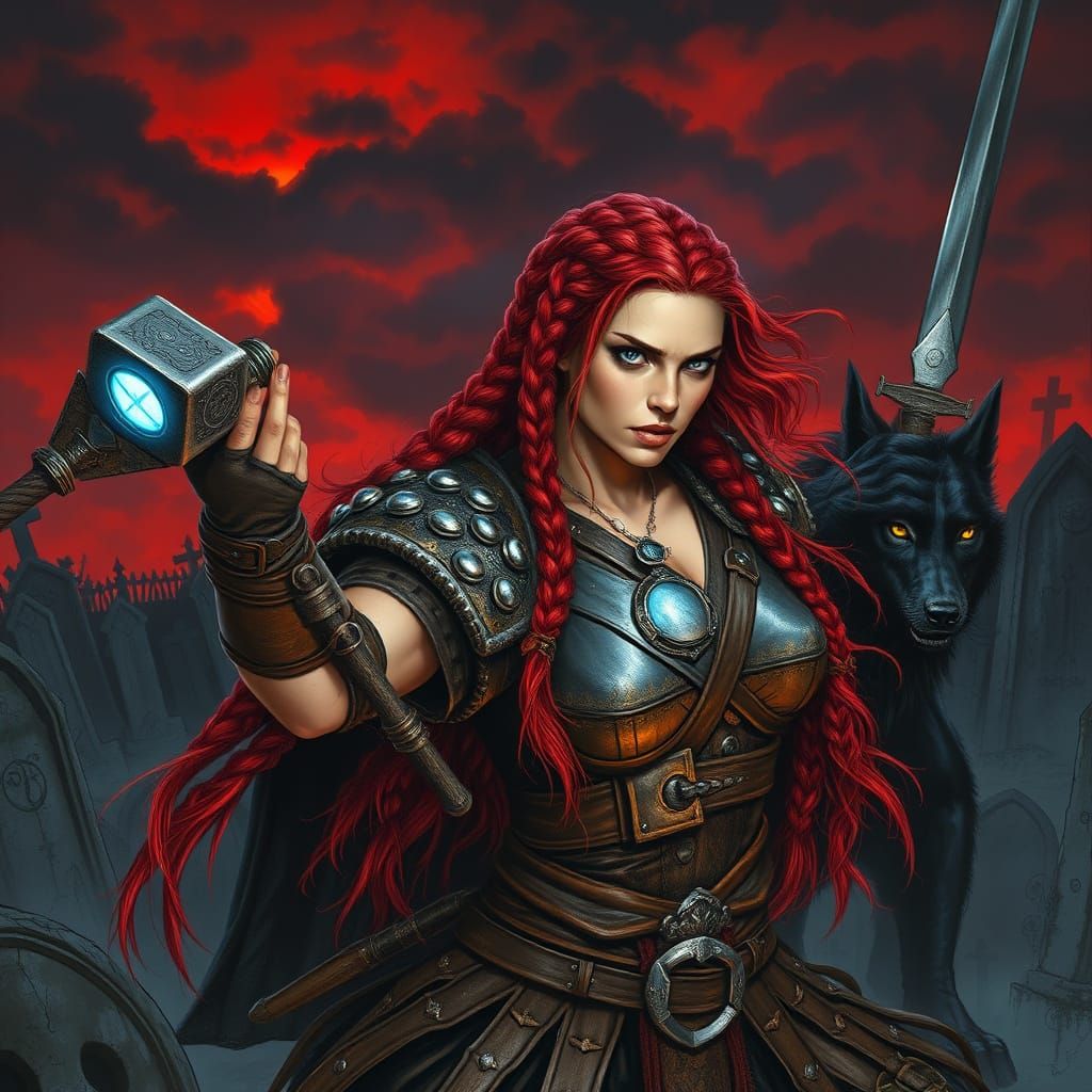 Viking Warrior Goddess in Epic Battle with Blood Red Sky