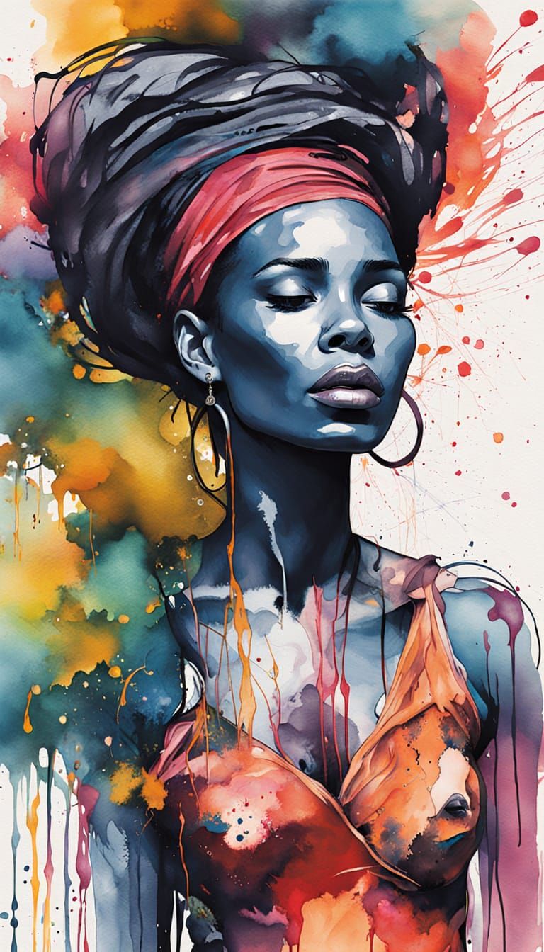 African Goddess Portrait in Punk Ink Paint Style