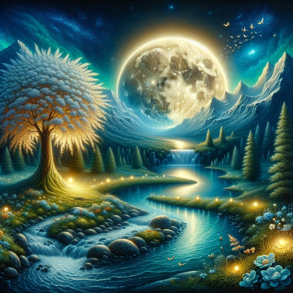 Radiant Moonlit River Scene Oil Painting