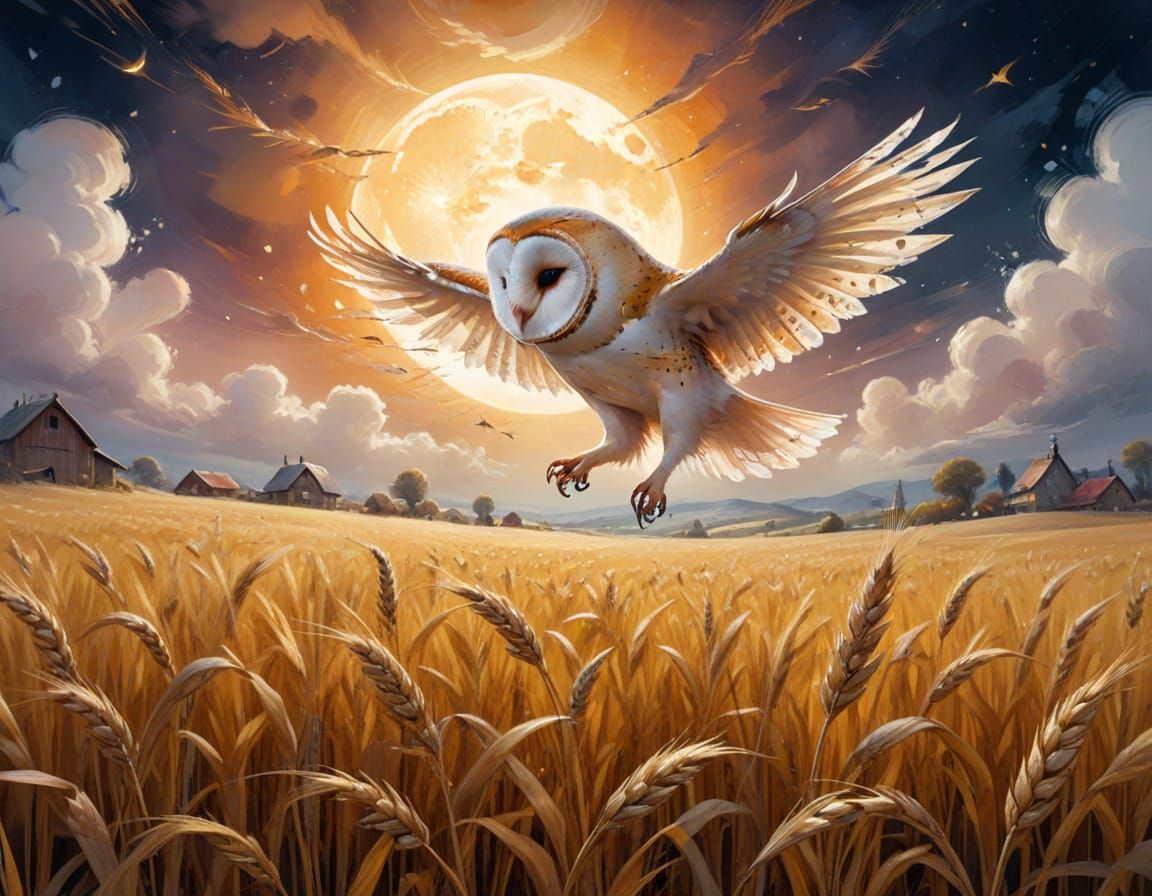 Barn Owl Gliding in Neo-Impressionist Oil Painting