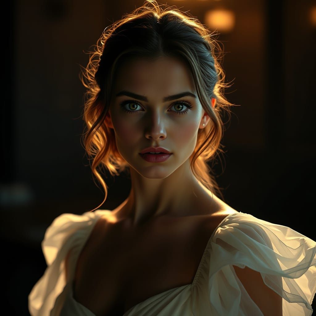 Elegant Woman with Piercing Eyes, Photorealistic Portrait