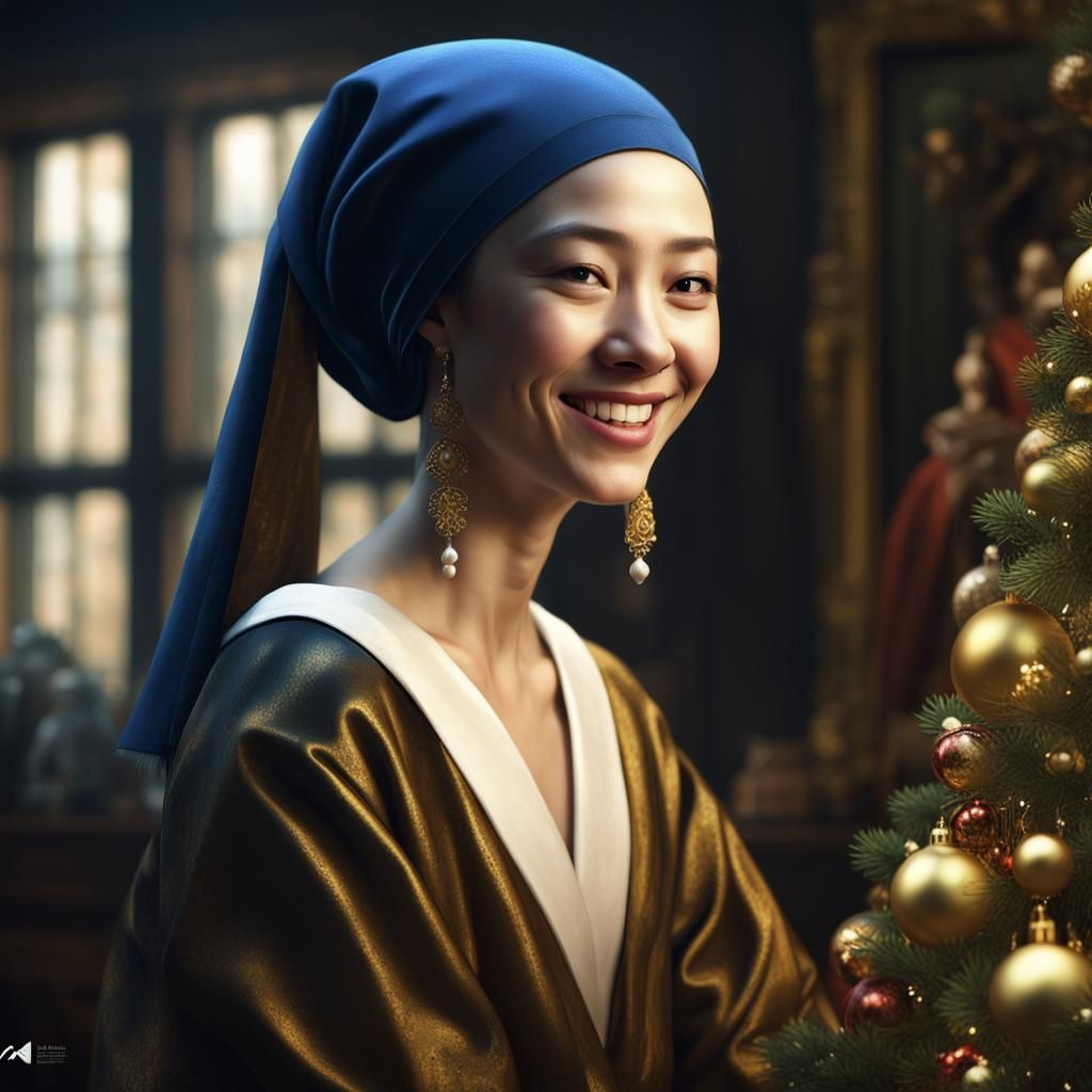 Taiwanese Woman with Christmas Tree in Vermeer Style