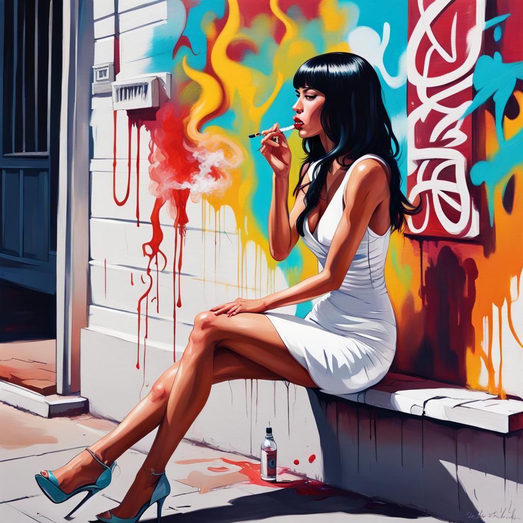 Street Art of Woman Smoking Outside Mansion