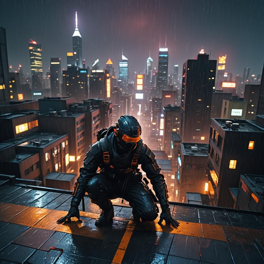 Cyberpunk Ninja on Rooftop in Dystopian Cityscape