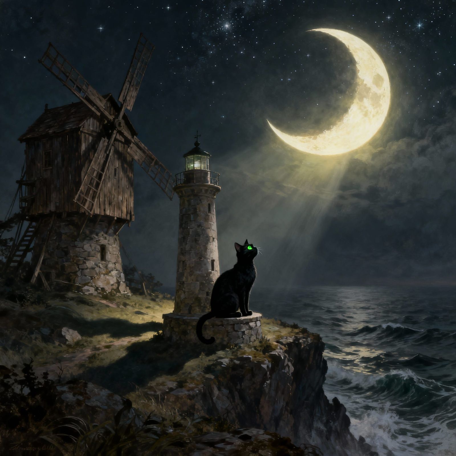 Moonlit Cliffside Scene with Windmill, Lighthouse, and Cat
