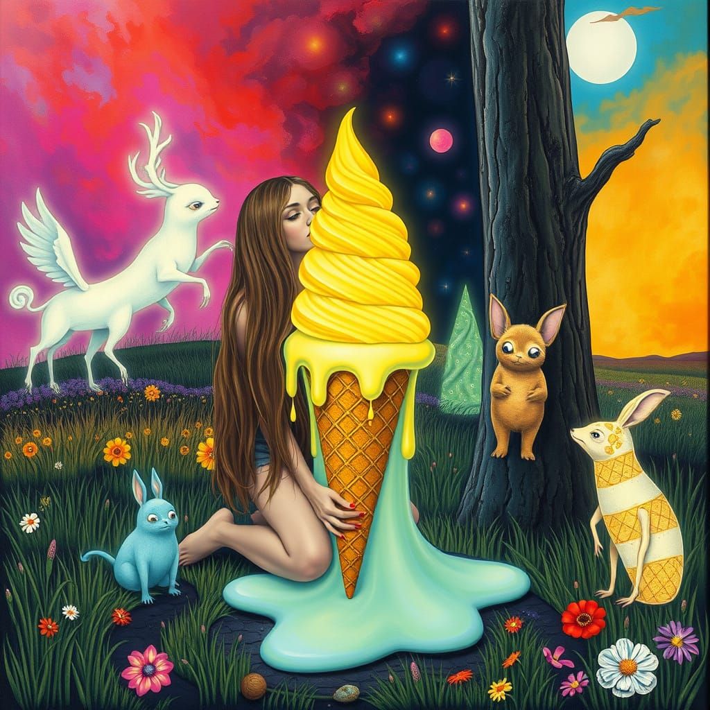 Woman, Ice Cream, and Glowing Creatures: Surreal Pop Art