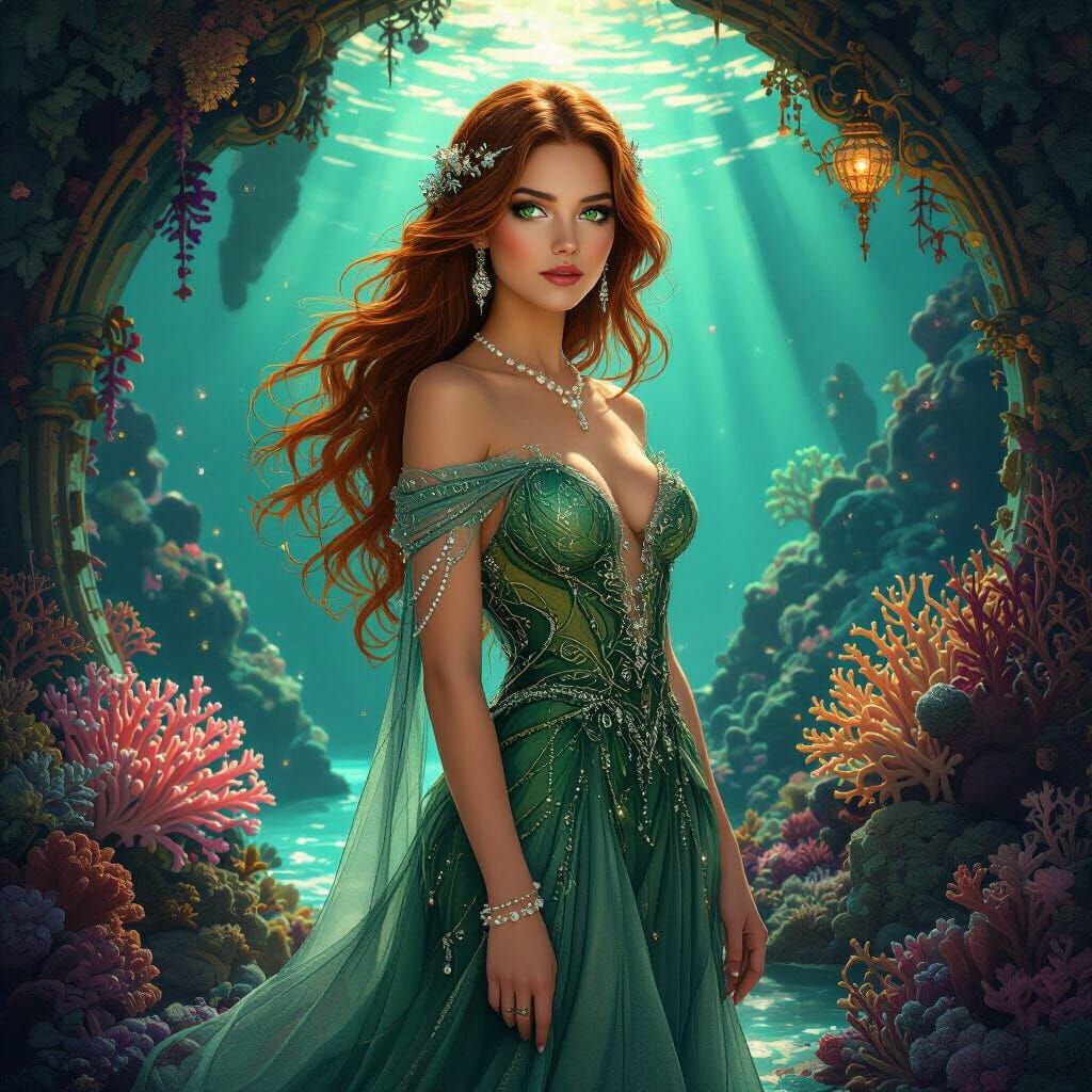 Bioluminescent Grotto Masquerade Ball in Art Nouveau Style