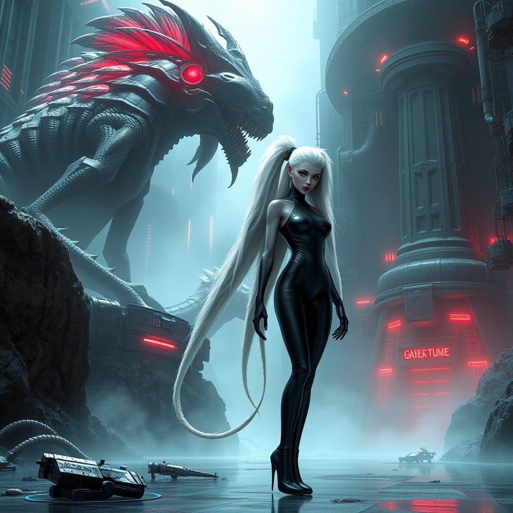 Alien Woman and Dinosaur in Cyberpunk Cityscape