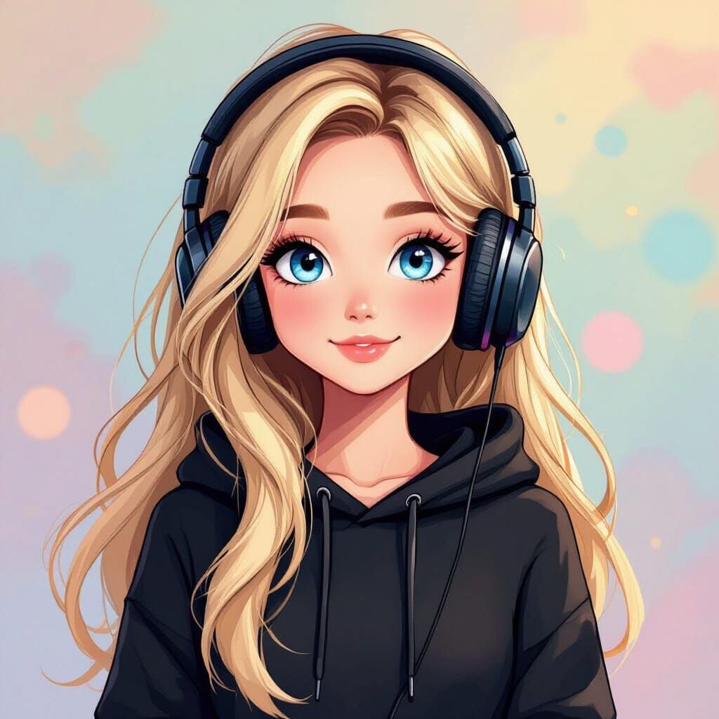 Cute Cartoon Girl in Hoodie with Headphones