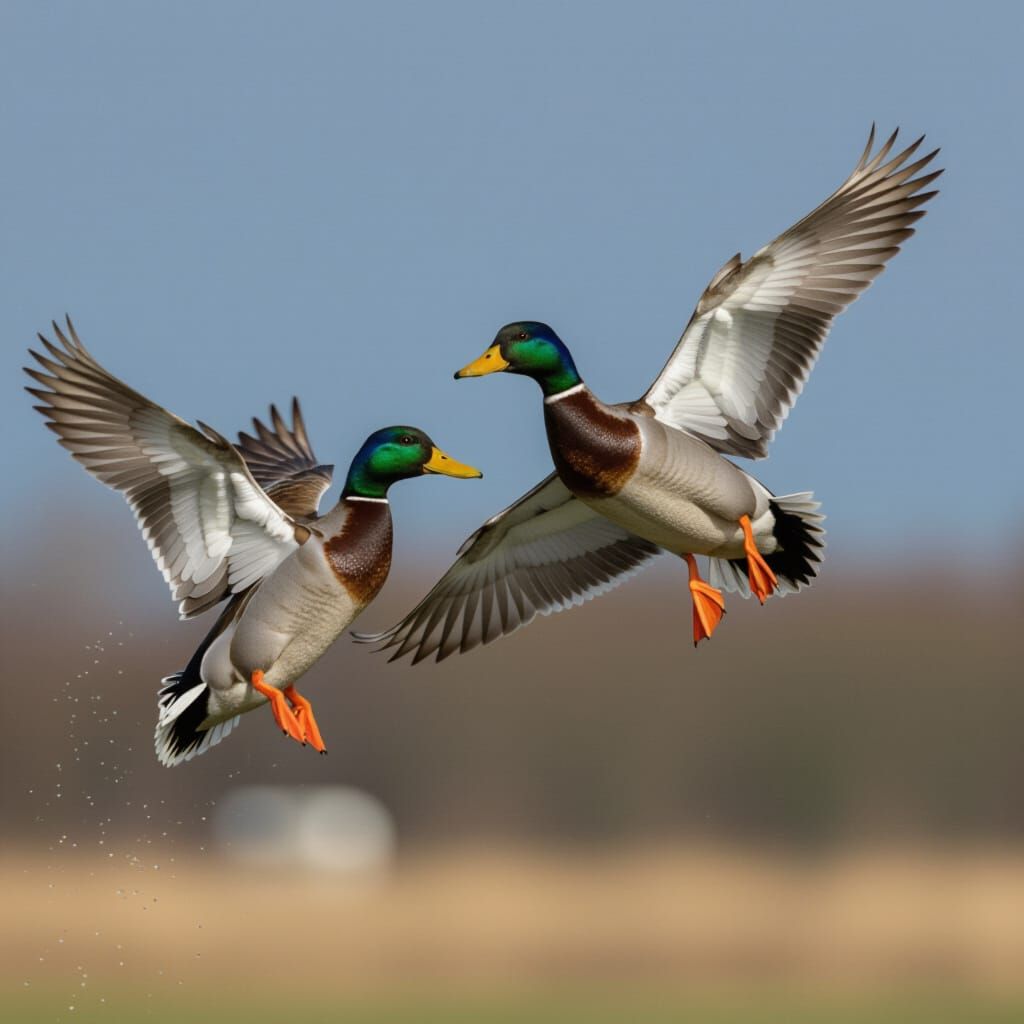 Mallard Ducks Fly Through a Clear Sky