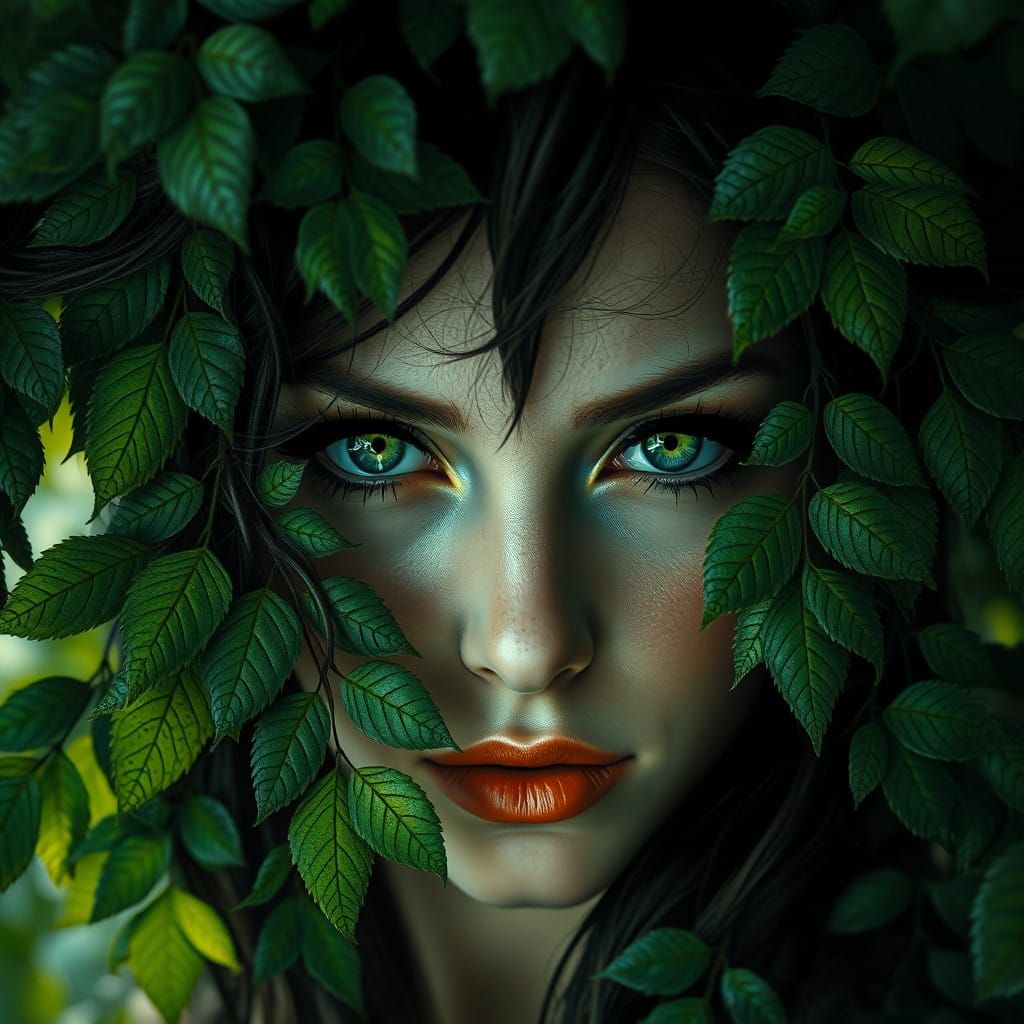 Women in Iridescent Tree Hair, Brilliant Eyes, Brutalist Pho...