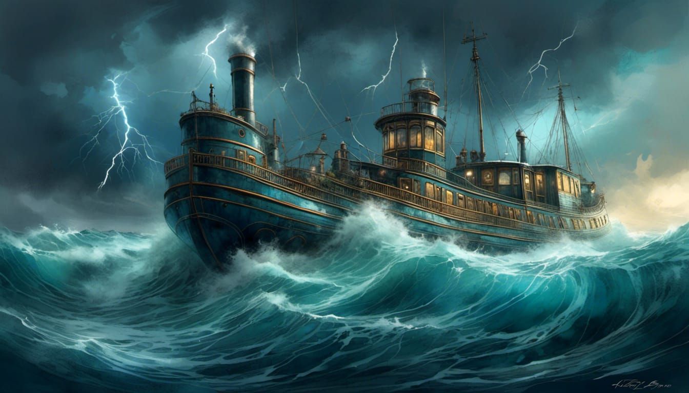 Victorian Submarine in Stormy Seas with Lightning
