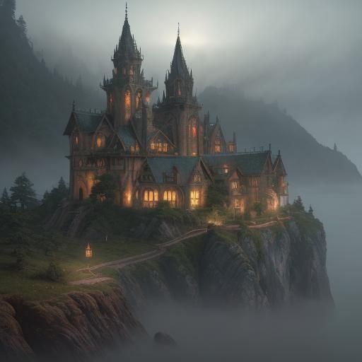 Misty Medieval Bay at Sunset