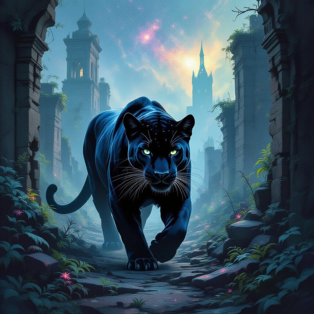 Majestic Black Panther in Cosmic Ruins, Dark Watercolor Sket...