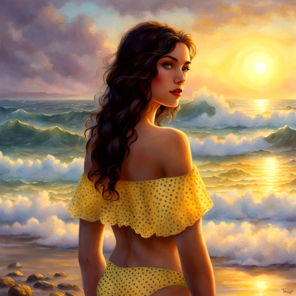 Yellow Polka Dot Bikini on Beach, Ethereal Style