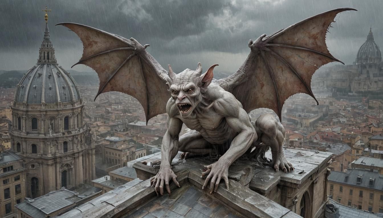 Gargoyle Awakening: Surreal Digital Art on Cathedral Roof