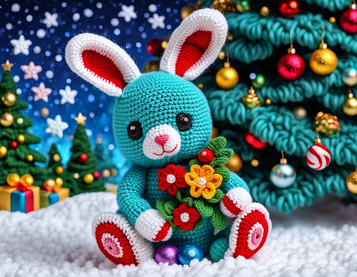 Klimt-Inspired Crochet Christmas Bunny in Rainforest