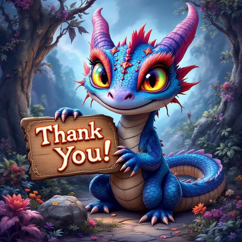 Dragon Holds Thank You Sign in Hyper-Realistic Style