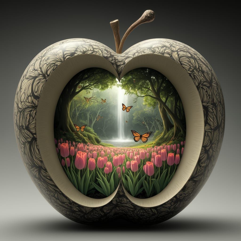 Vibrant Fantasy Inside a Hollow Apple: Tulips, Rainbows, and...