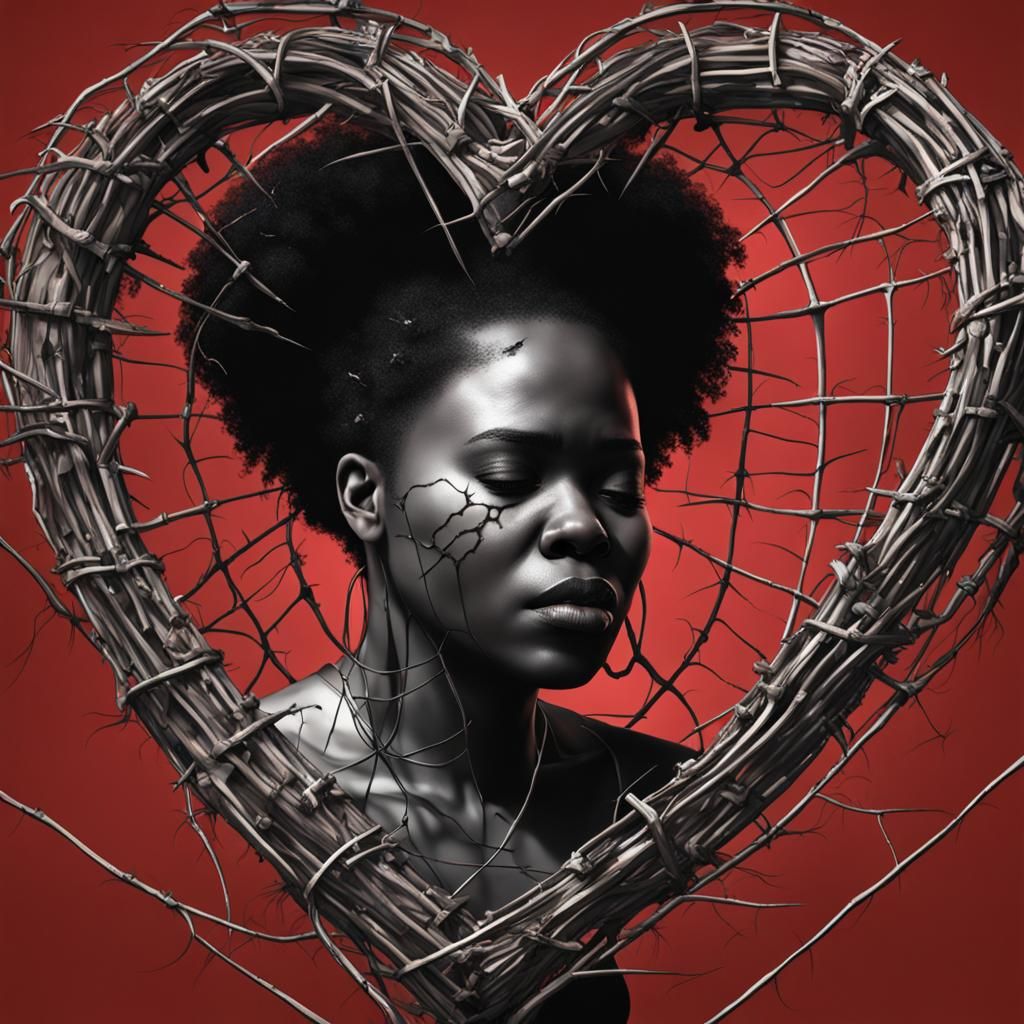 create 3d realistic heart encased in snares, thorns and trap...