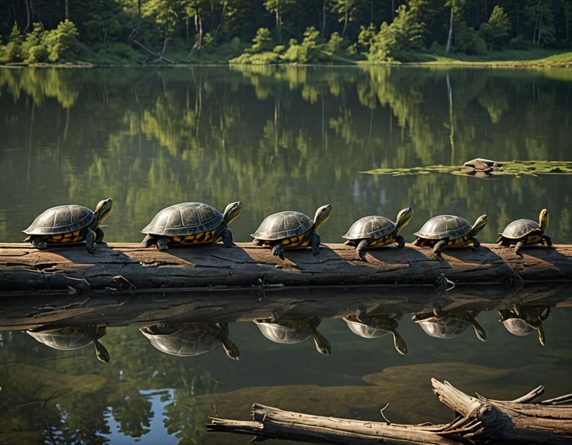 Turtles on a Log in a Lake: Photorealistic Scene