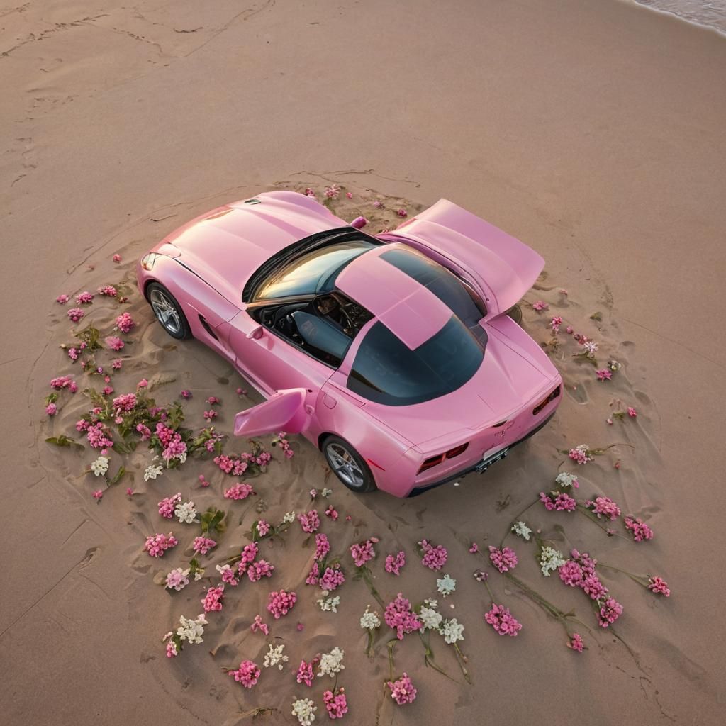 Pink Corvette on Beach at Sunset: Oil Painting