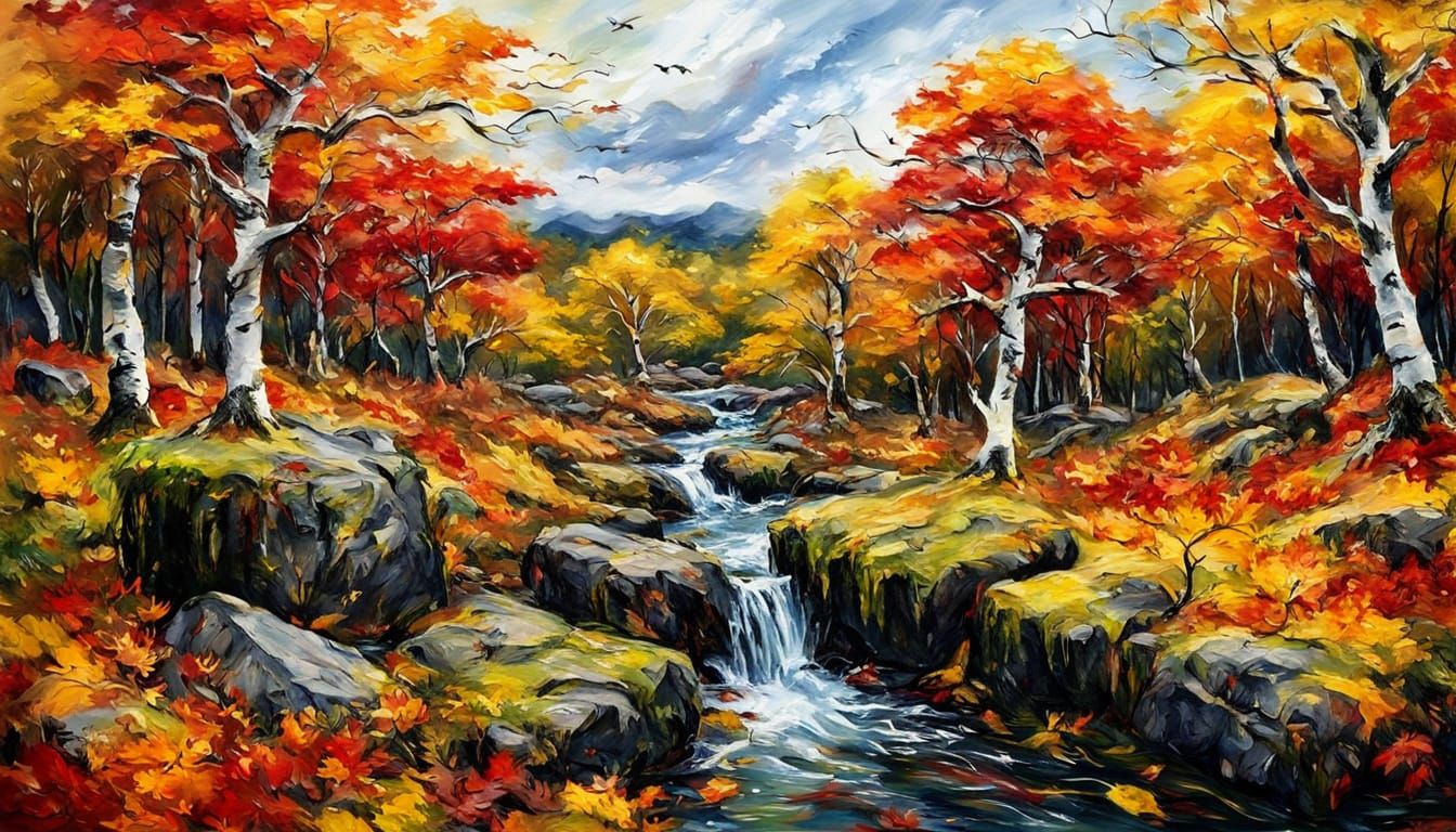 Encaustic Oil Painting of Autumn Leaves in a Whirlwind