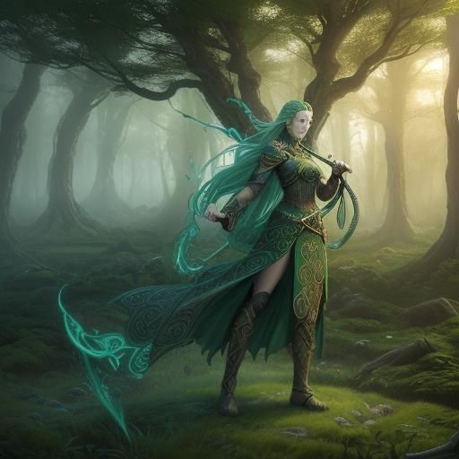 Celtic Warrior Goddess in Mystical Forest: Anime-Inspired Ar...