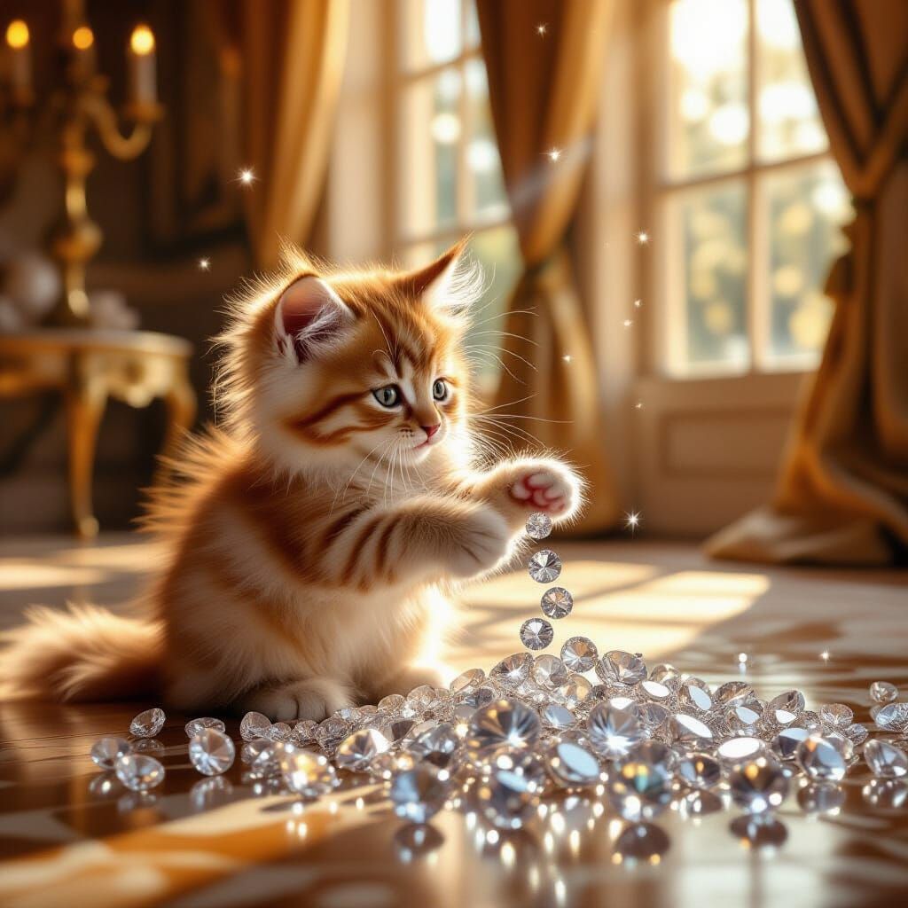 Fluffy Kitten Plays with Diamonds in Sunlit Ballroom
