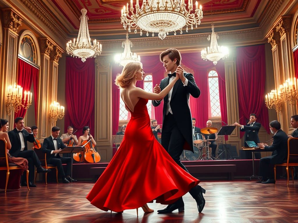 Elegant Gentleman Dances with Lady in Opulent Ballroom