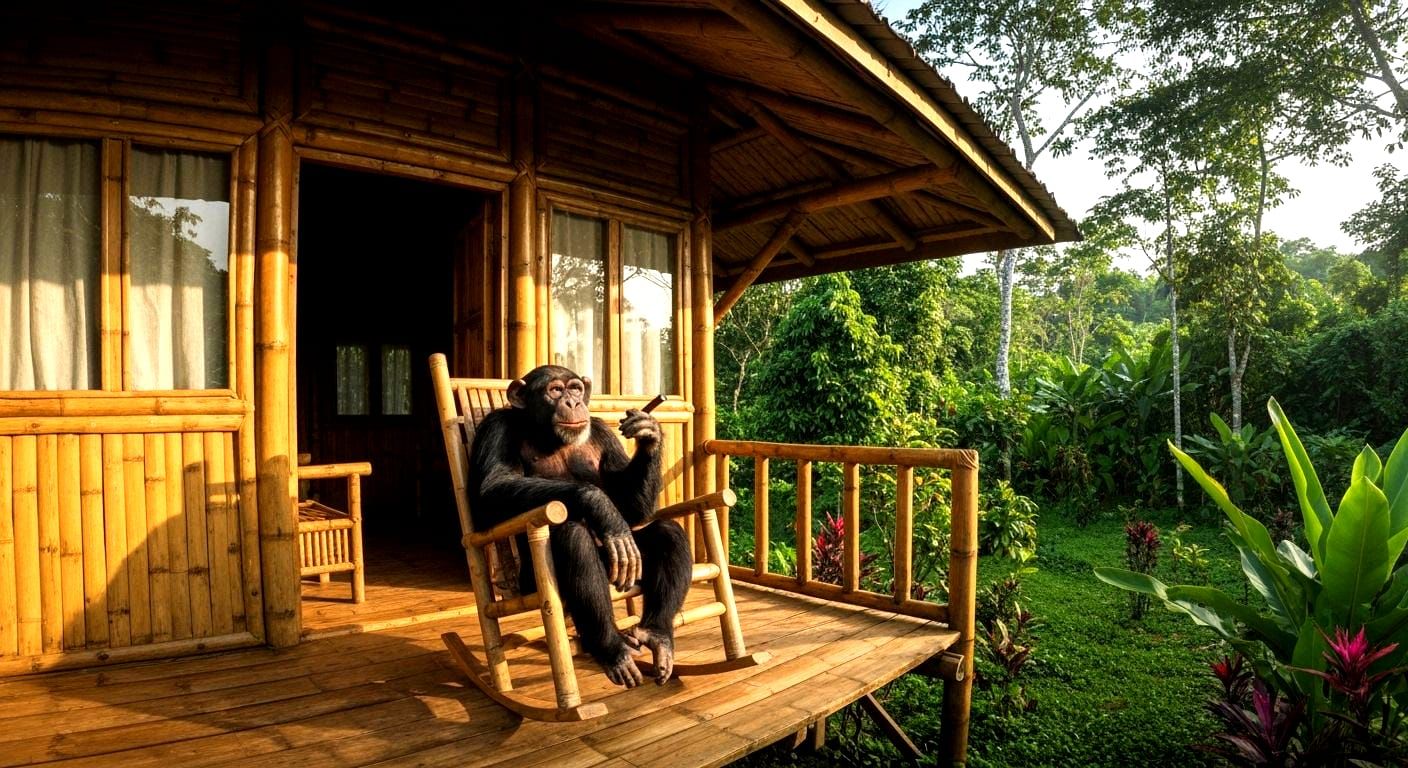 Chimpanzee Relaxing in Bamboo House