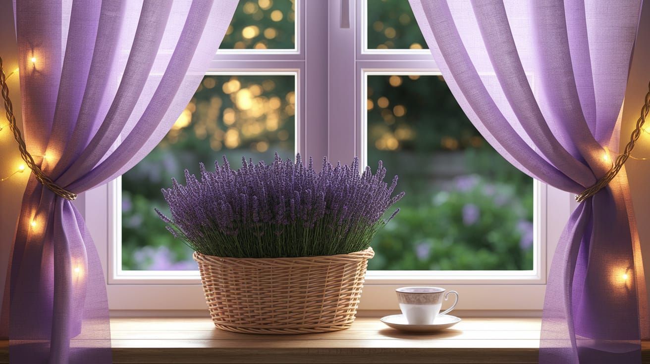 Lavender Window Sanctuary in Cozy Fairy Light Ambiance