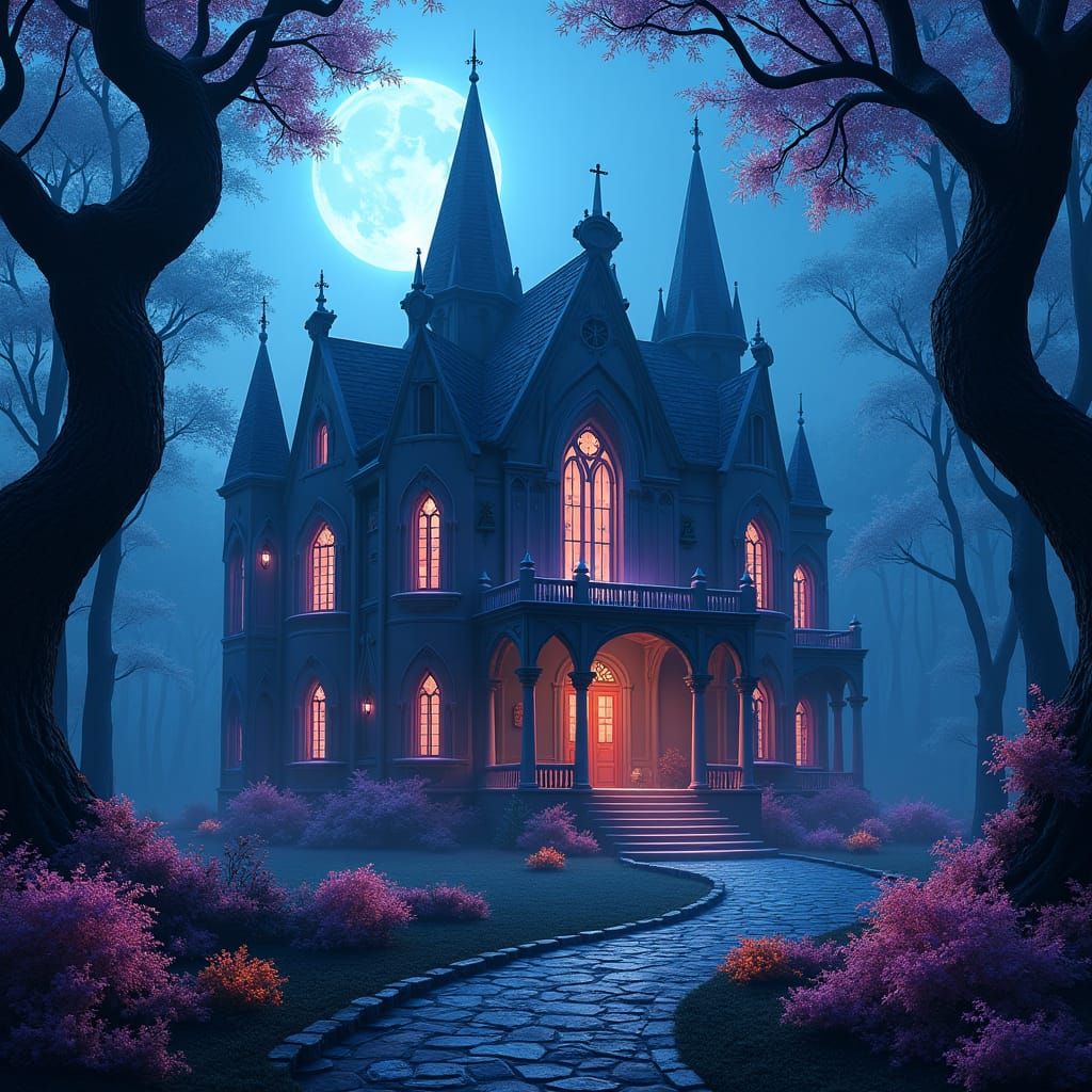 Enchanted Castle in Bioluminescent Forest, Gothic Fantasy
