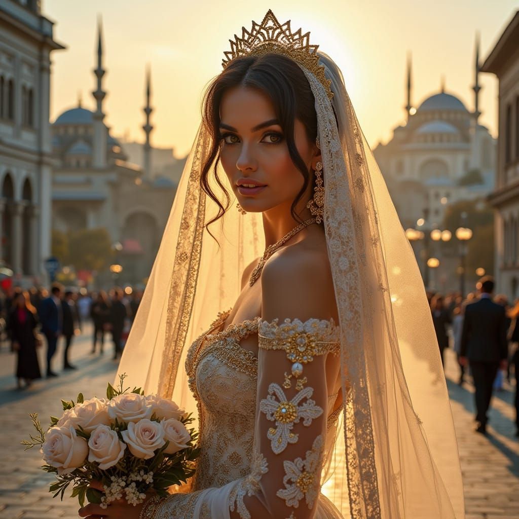 Turkish Bride in Ottoman Splendor against Istanbul Skyline