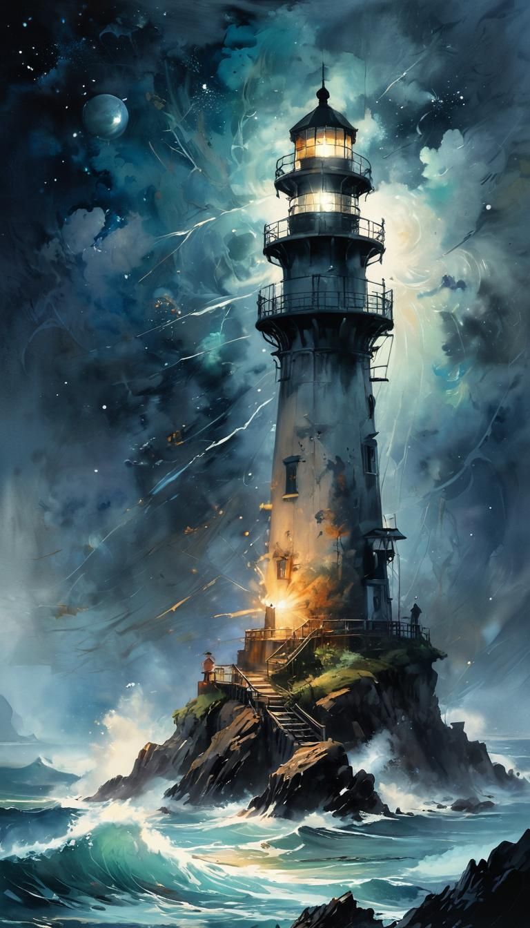 Dynamic Lighthouse in Ocean Storm Watercolor