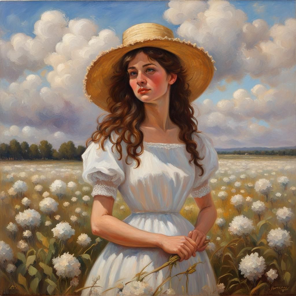 Young Woman in Flower Field, Oil Painting